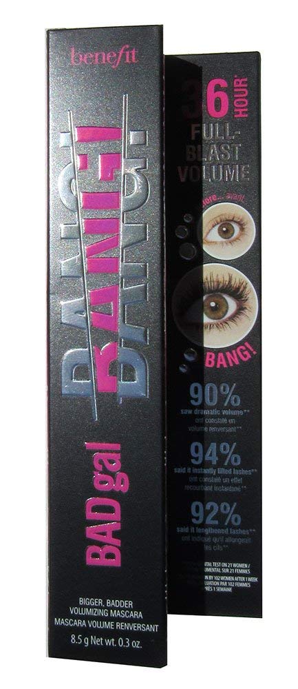 Benefit Bad Gal Bang mascara wand closeup highlights aero-particle formula for lightweight lift.