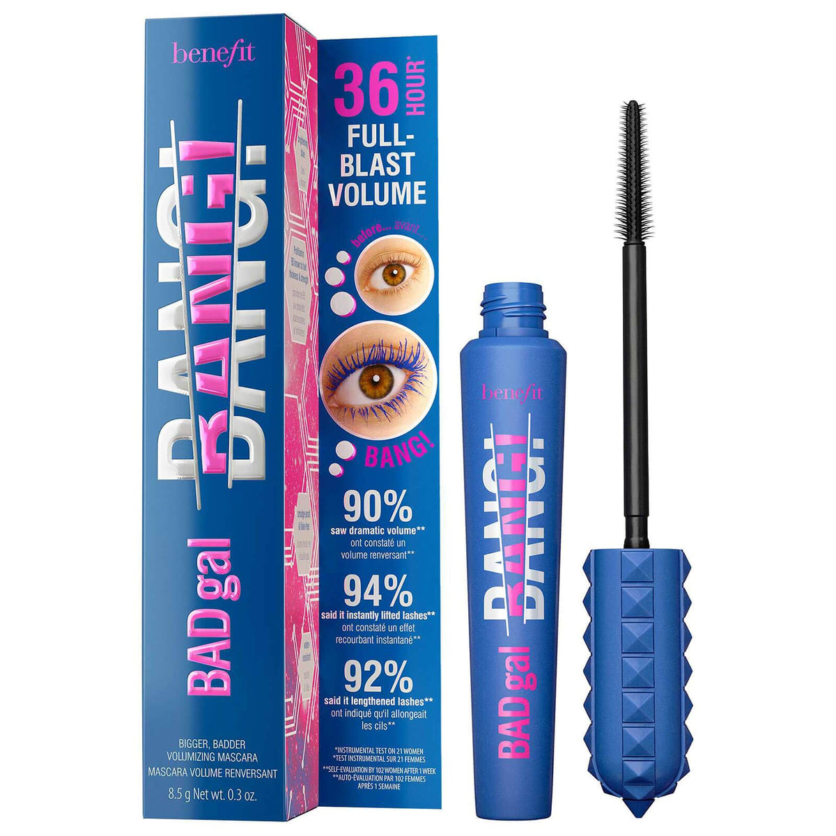 Benefit BADgal BANG! blue mascara bottle shown for dramatic lash volume that lasts.