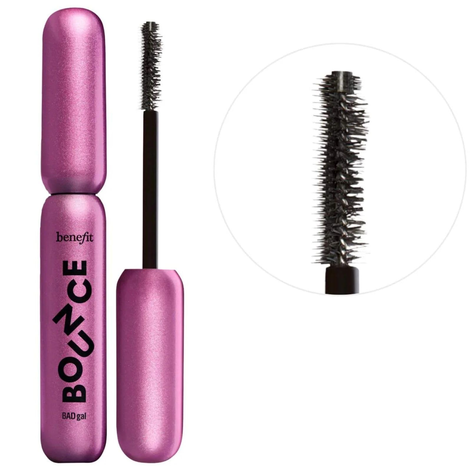 Benefit BADgal Bounce bristle-side close-up shows volume boost for dramatic lashes.