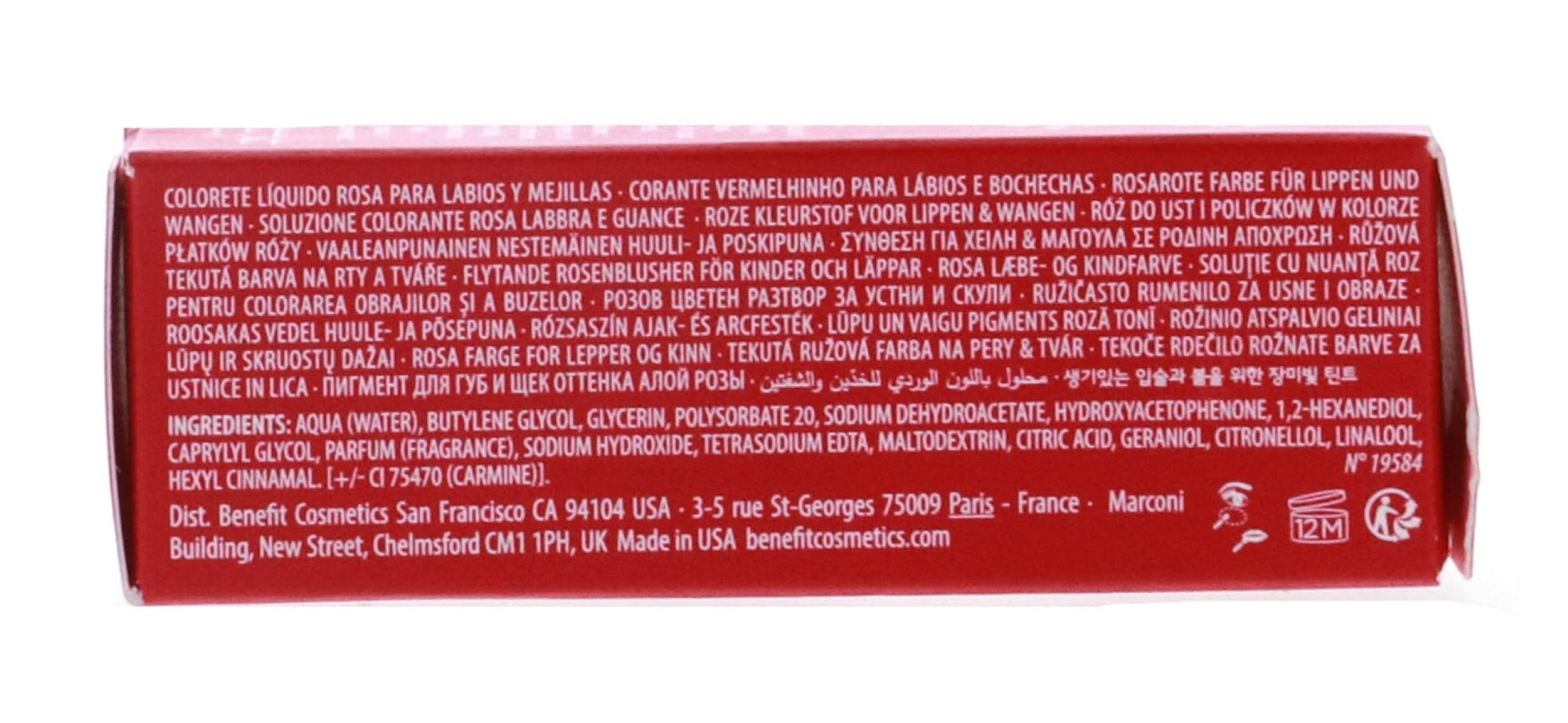 Benefit Bene Tint packaging dimensions shown for travel convenience.