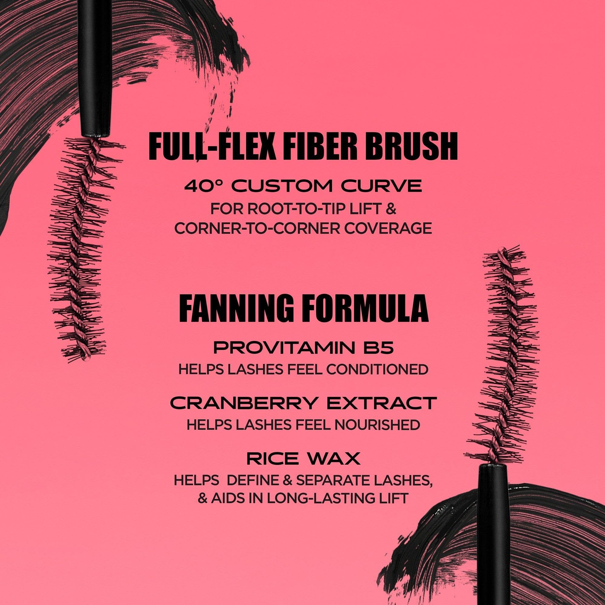 Benefit Fan Fest mascara wand application demonstrates root-to-tip lift and corner-to-corner coverage.
