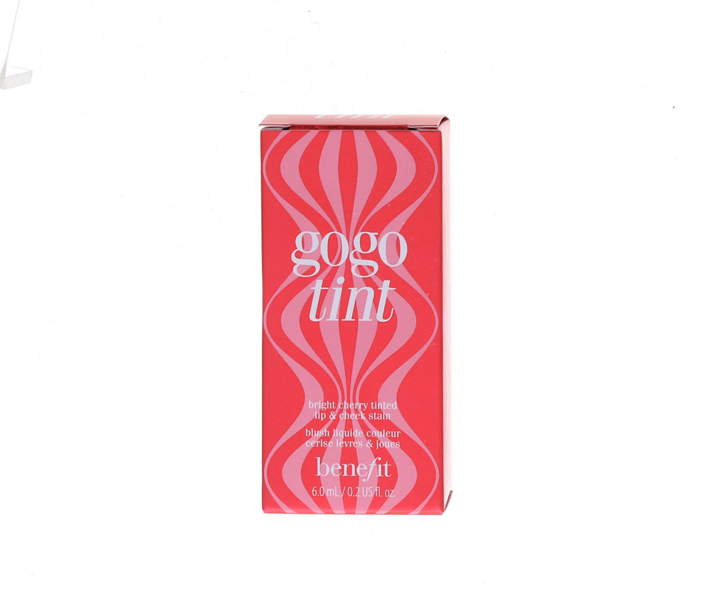 Benefit Gogo Tint on lips application demonstrates bold cherry shade.