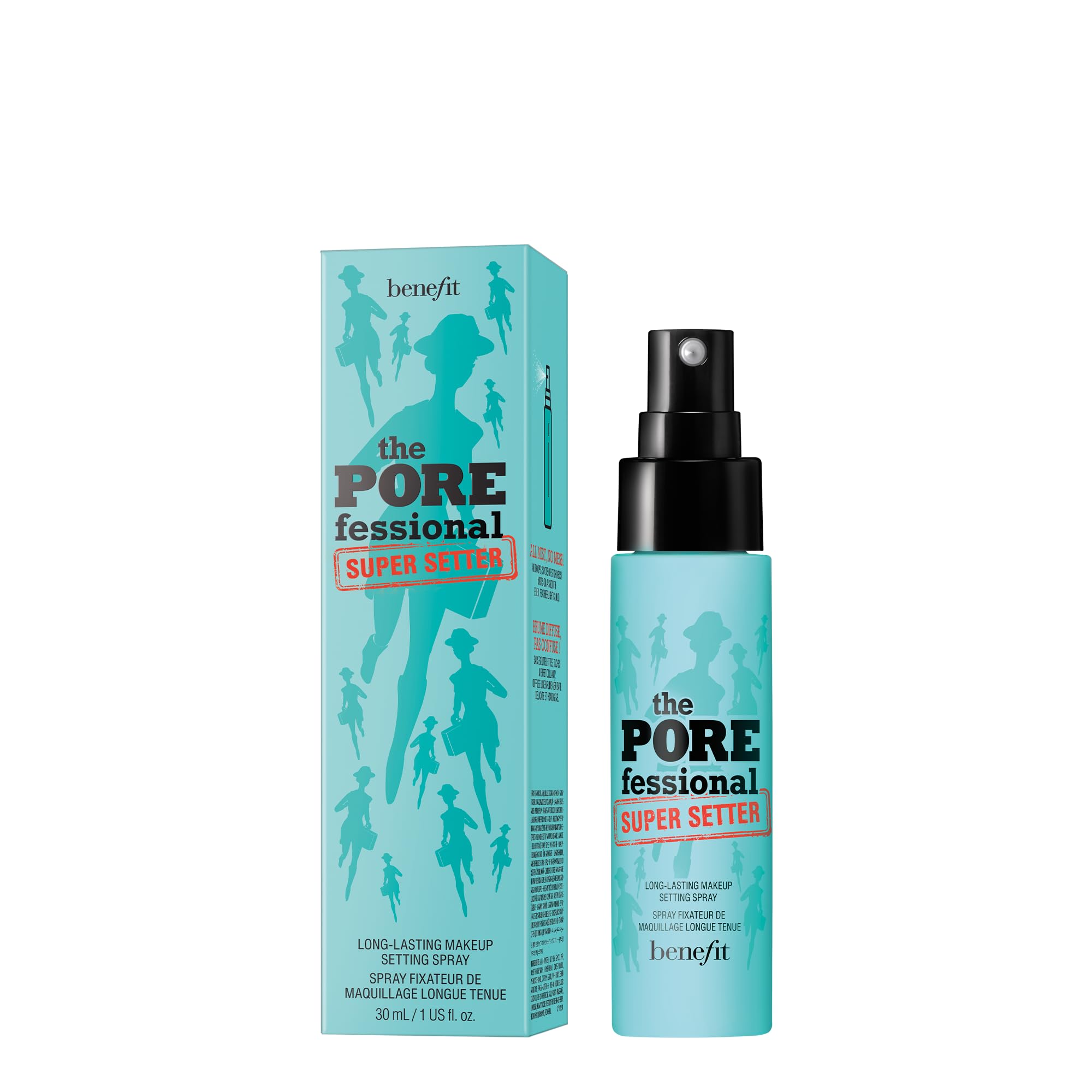 Benefit POREfessional Super Setter close-up mist dispersion for pore-blurring, shine-control results.