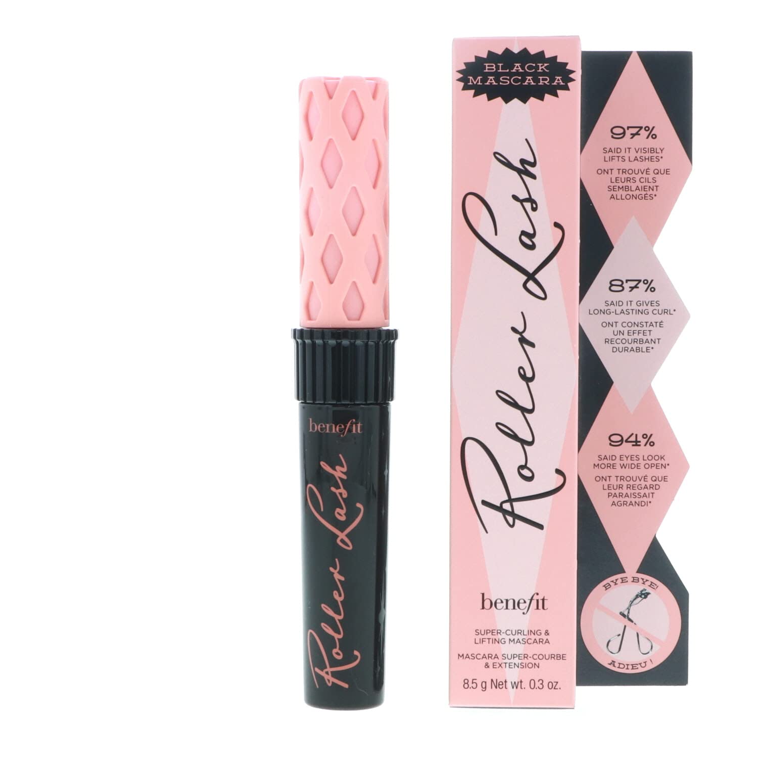Benefit Roller Lash brush on lashes demonstrates precise coating for defined, separated lashes