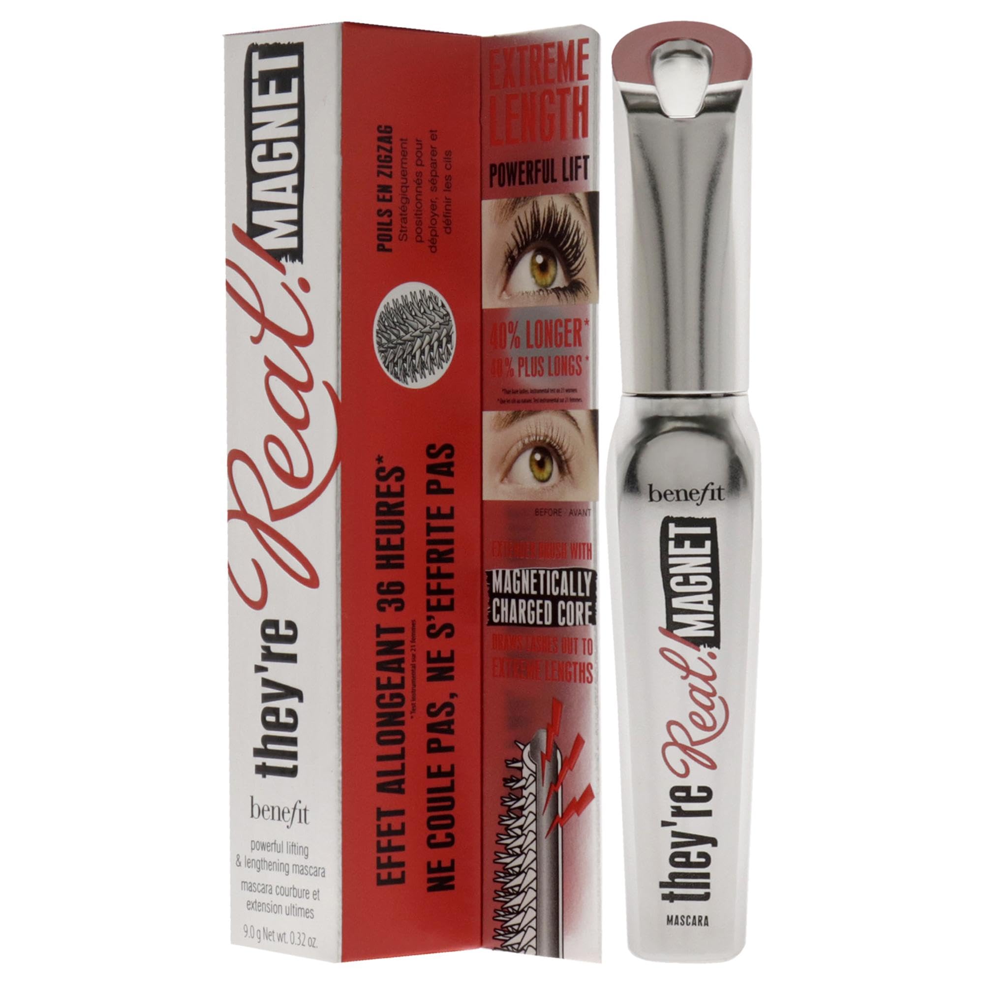 Benefit They're Real Magnet lash closeup demonstrates extended length and defined edges
