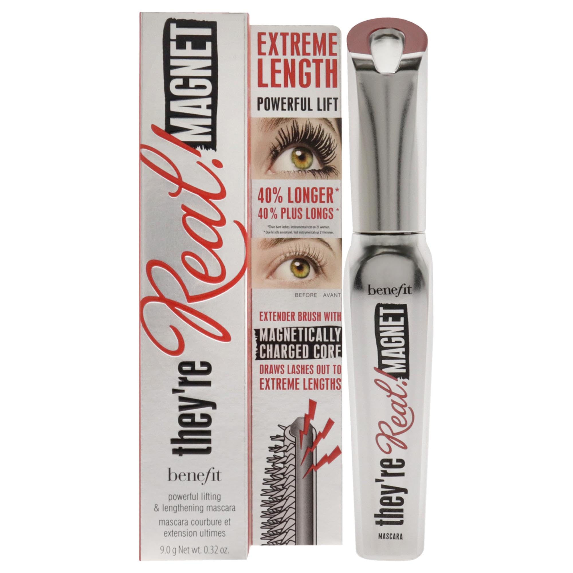 Benefit They're Real Magnet mascara wand closeup showing dramatic lift for fuller lashes