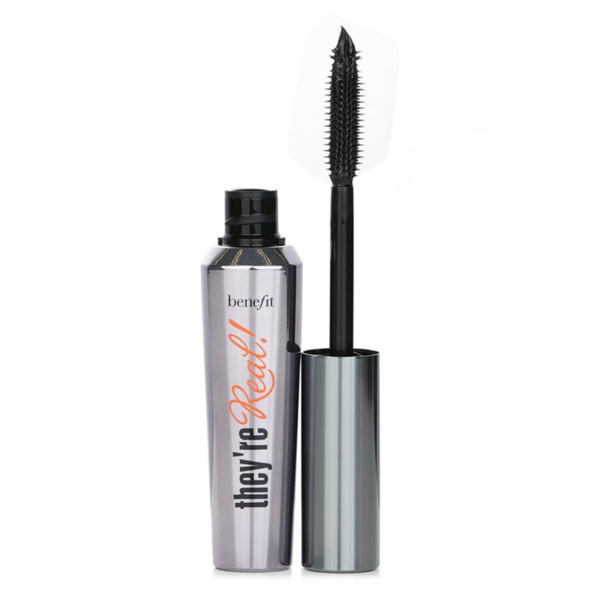 Benefit Theyre real! mascara Beyond Black bottle closeup shows bold lash magnification.