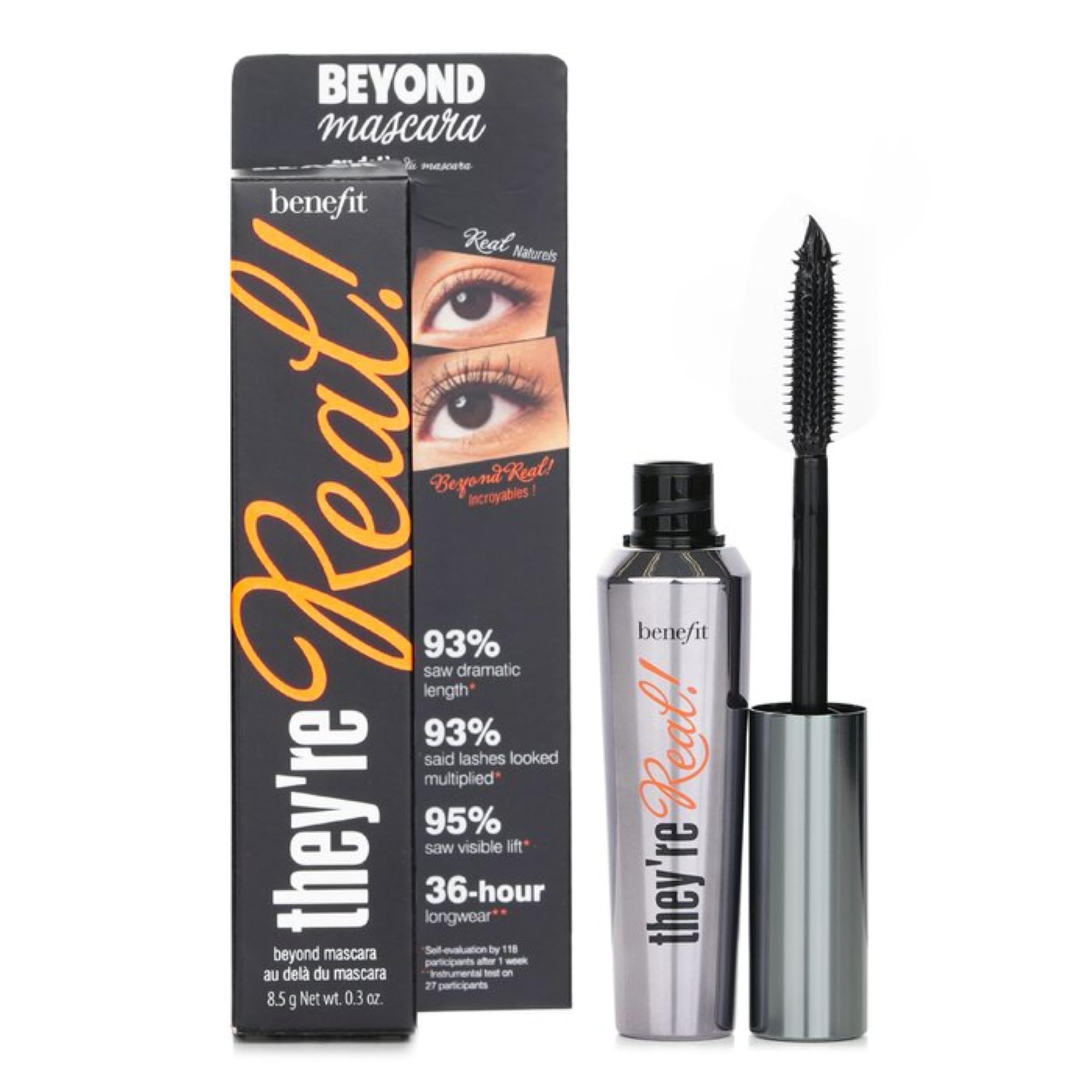 Benefit Theyre real! mascara transfer-resist formula closeup emphasizes smudge-free wear.