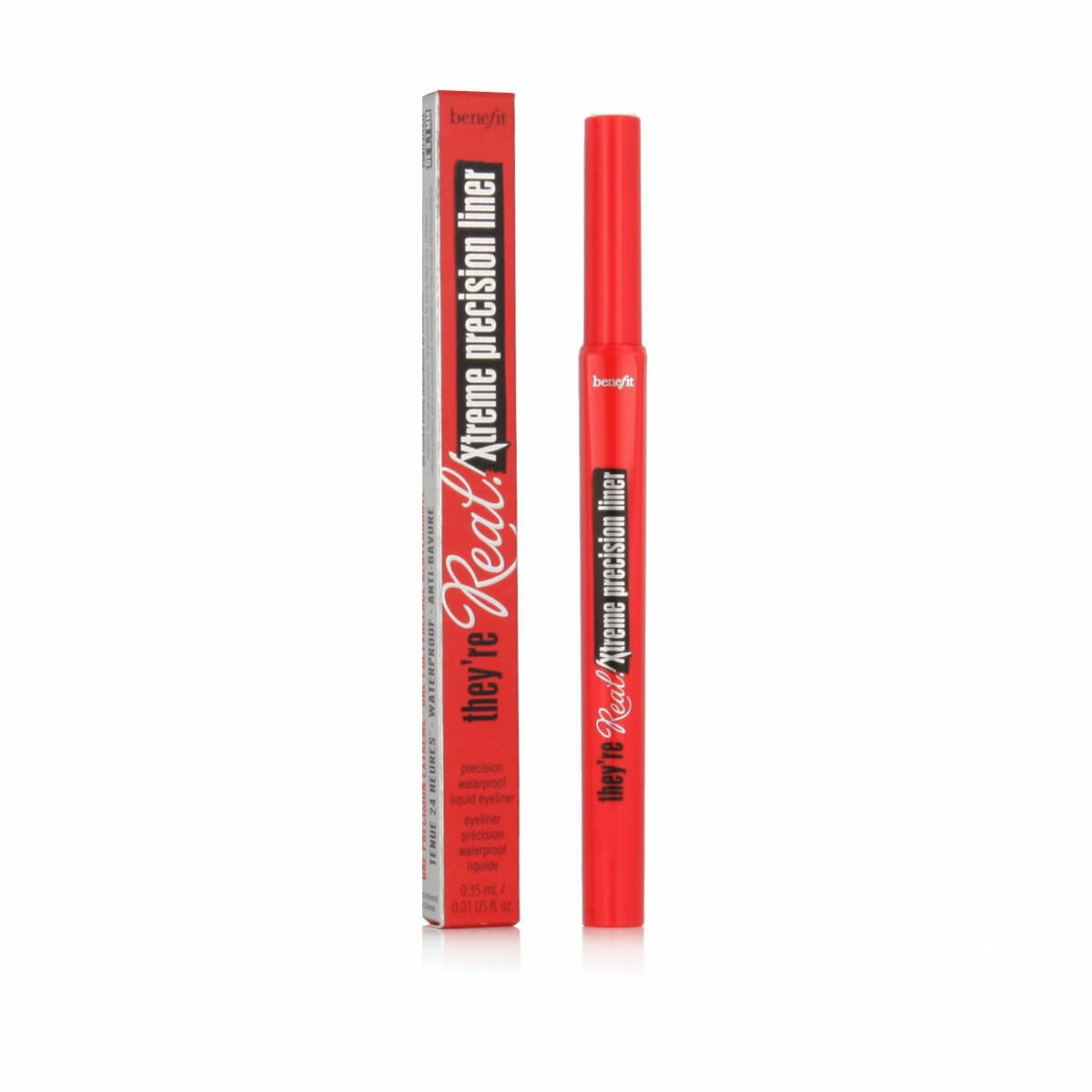 Benefit they're real! xtreme precision waterproof liquid eyeliner bottle shows bold black shade for defined eyes.