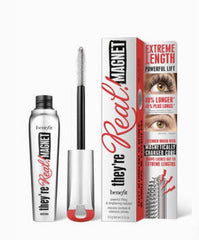 Benefit They're Real Magnet mascara wand close-up shows lifted, defined lashes with smudge-resistant formula.