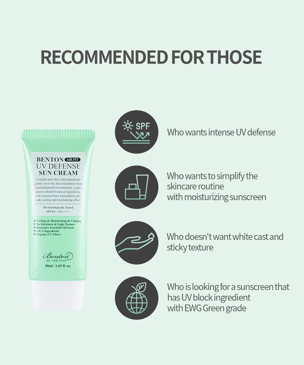 Benton Air Fit UV Defense Sun Cream lightweight texture spreading on skin.