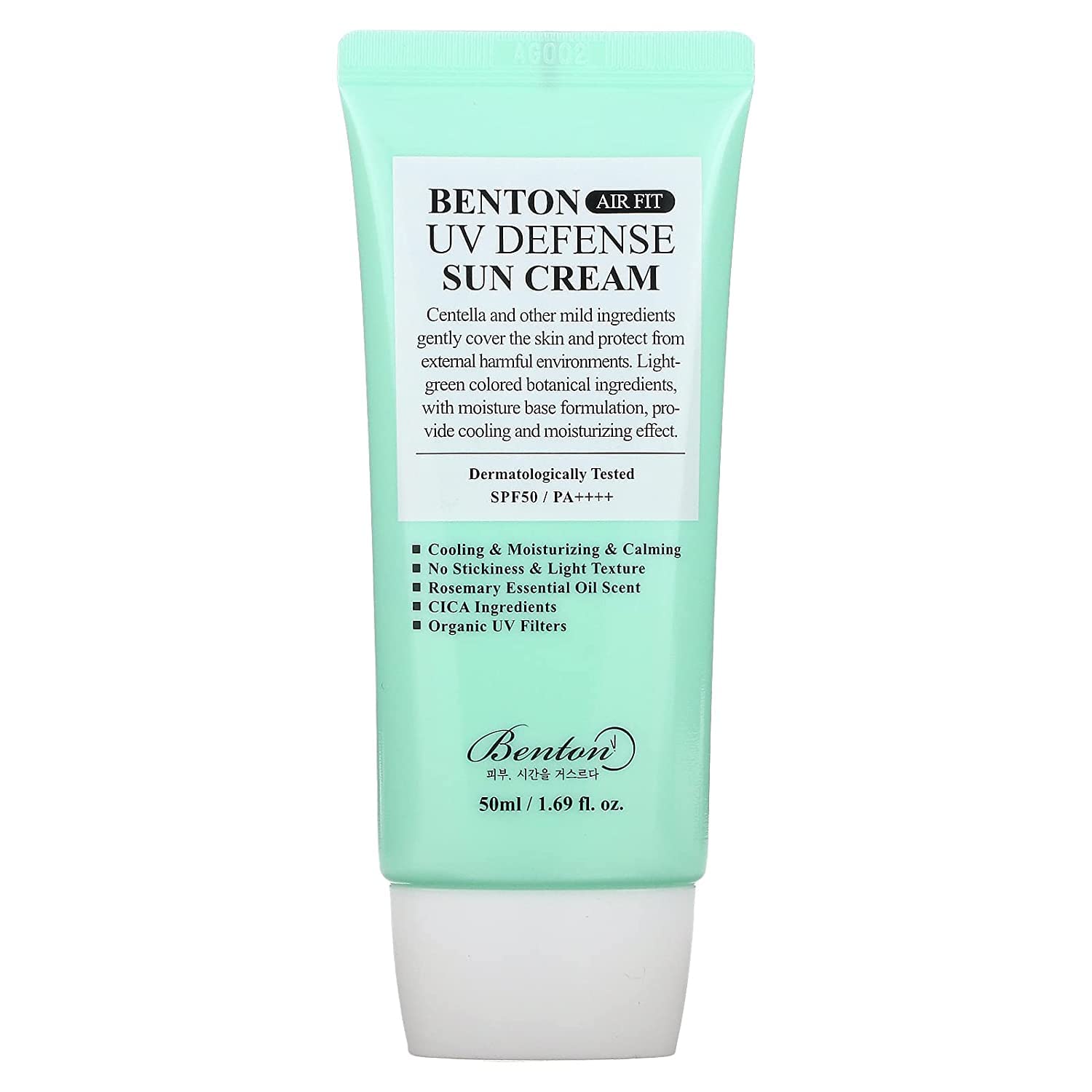 Benton Air Fit UV Defense Sun Cream tube close-up showing feather-light texture.
