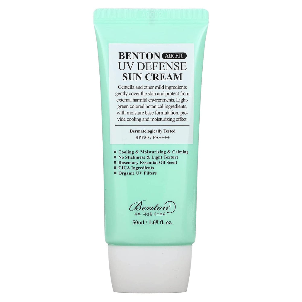 Benton Air Fit UV Defense Sun Cream tube close-up showing feather-light texture.