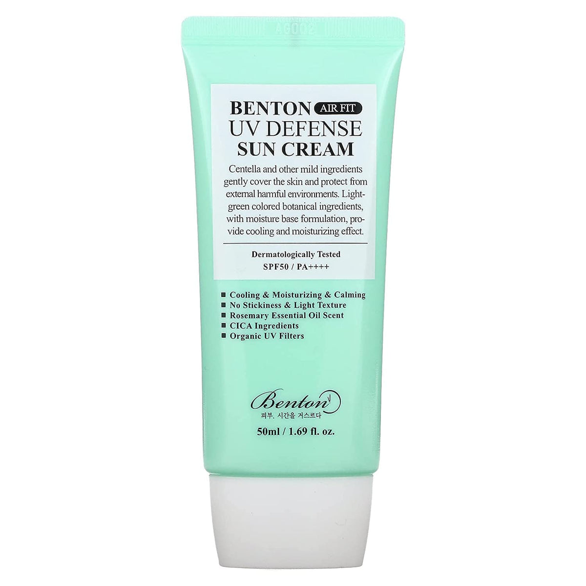 Benton Air Fit UV Defense Sun Cream tube close-up showing feather-light texture.