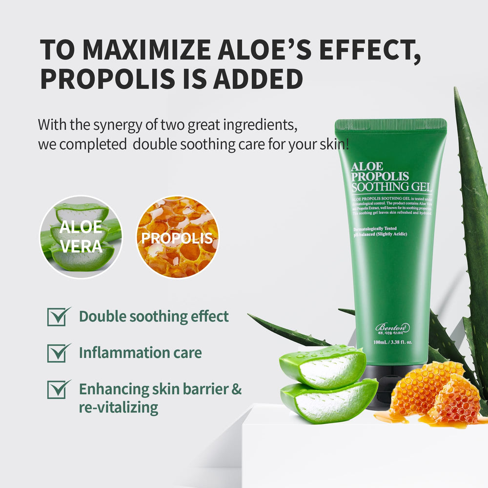 BENTON Aloe Propolis Soothing Gel travel-size bottle for convenient skincare on trips.