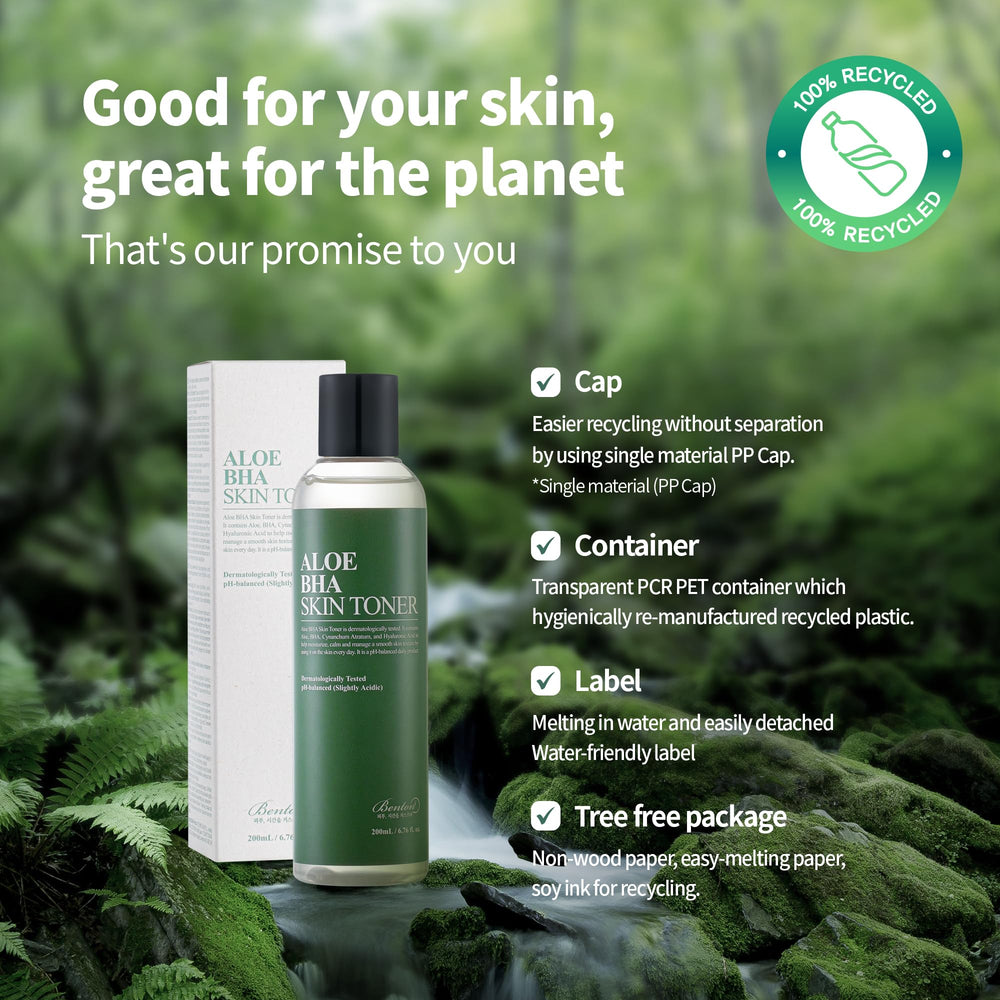 BENTON Aloe Skin Toner eco-packaging shot underlines sustainable, recyclable materials