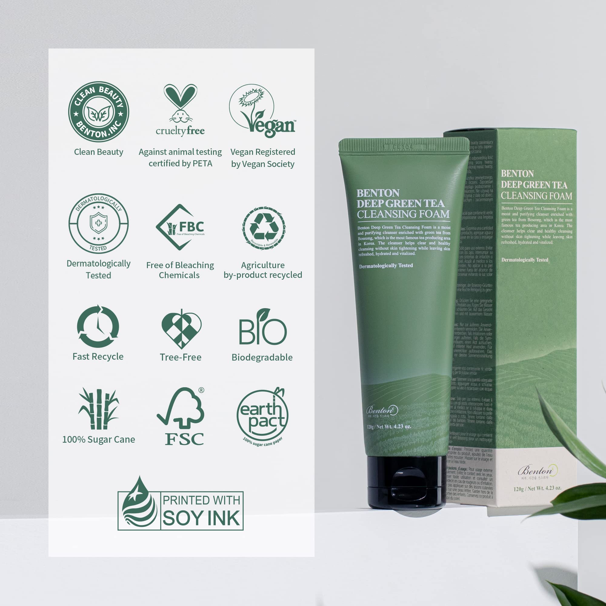 Front packaging of Benton Deep Green Tea Cleanser for everyday use.