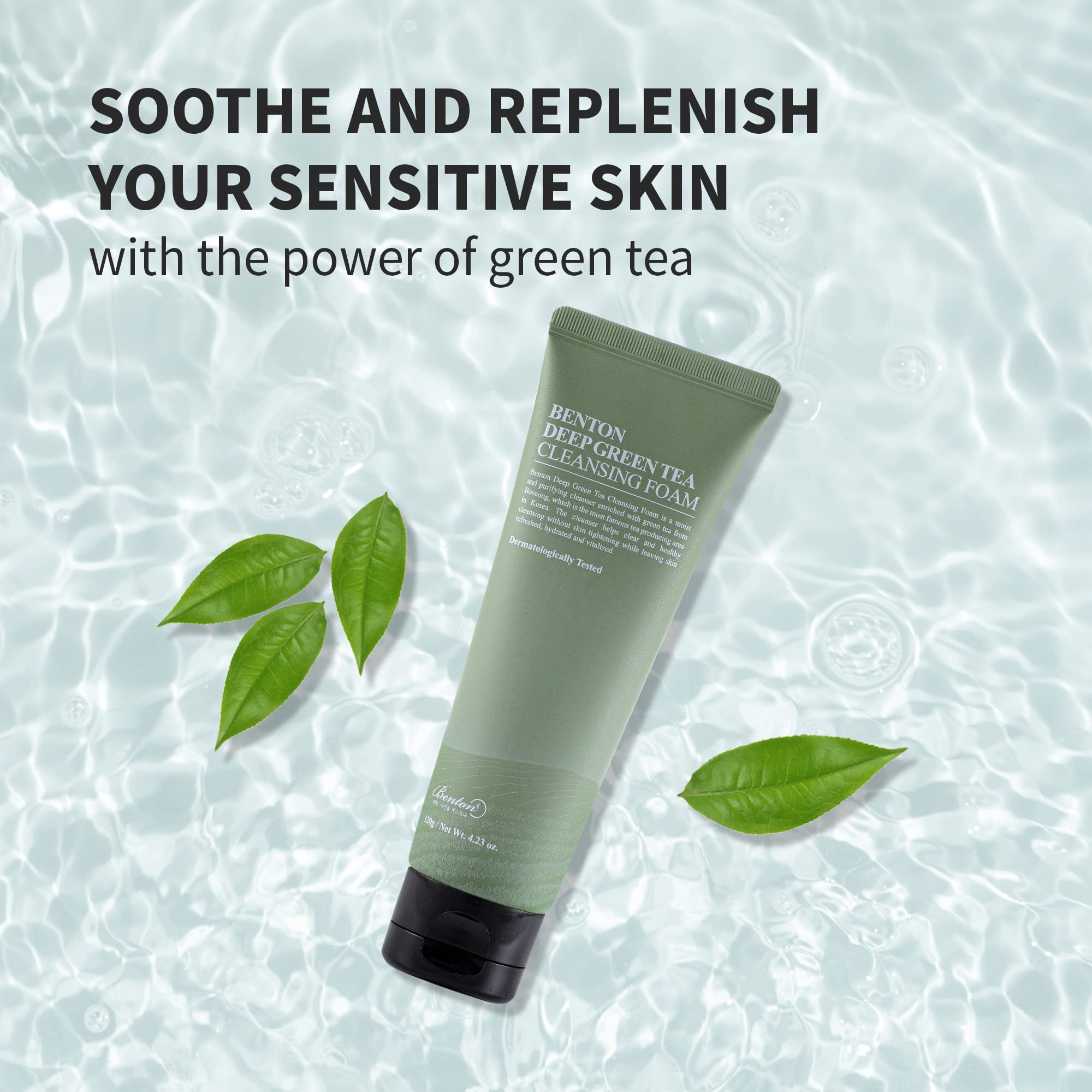 Lush foaming lather from Benton Deep Green Tea cleanses gently while removing impurities.