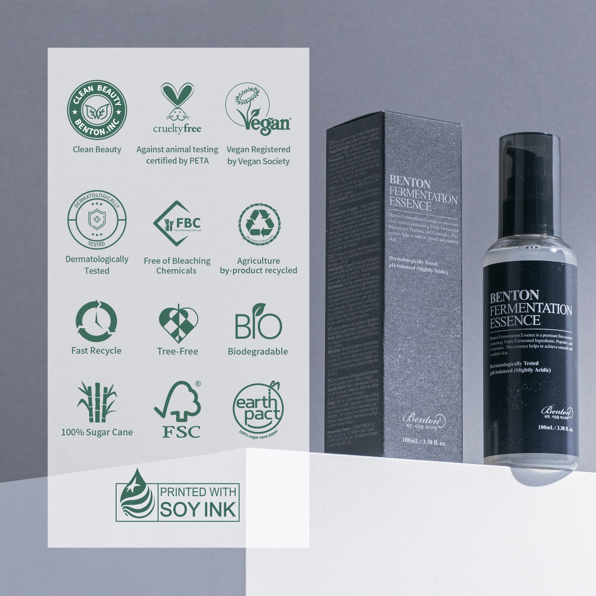 BENTON Fermentation Essence close-up packaging highlights sustainable design.