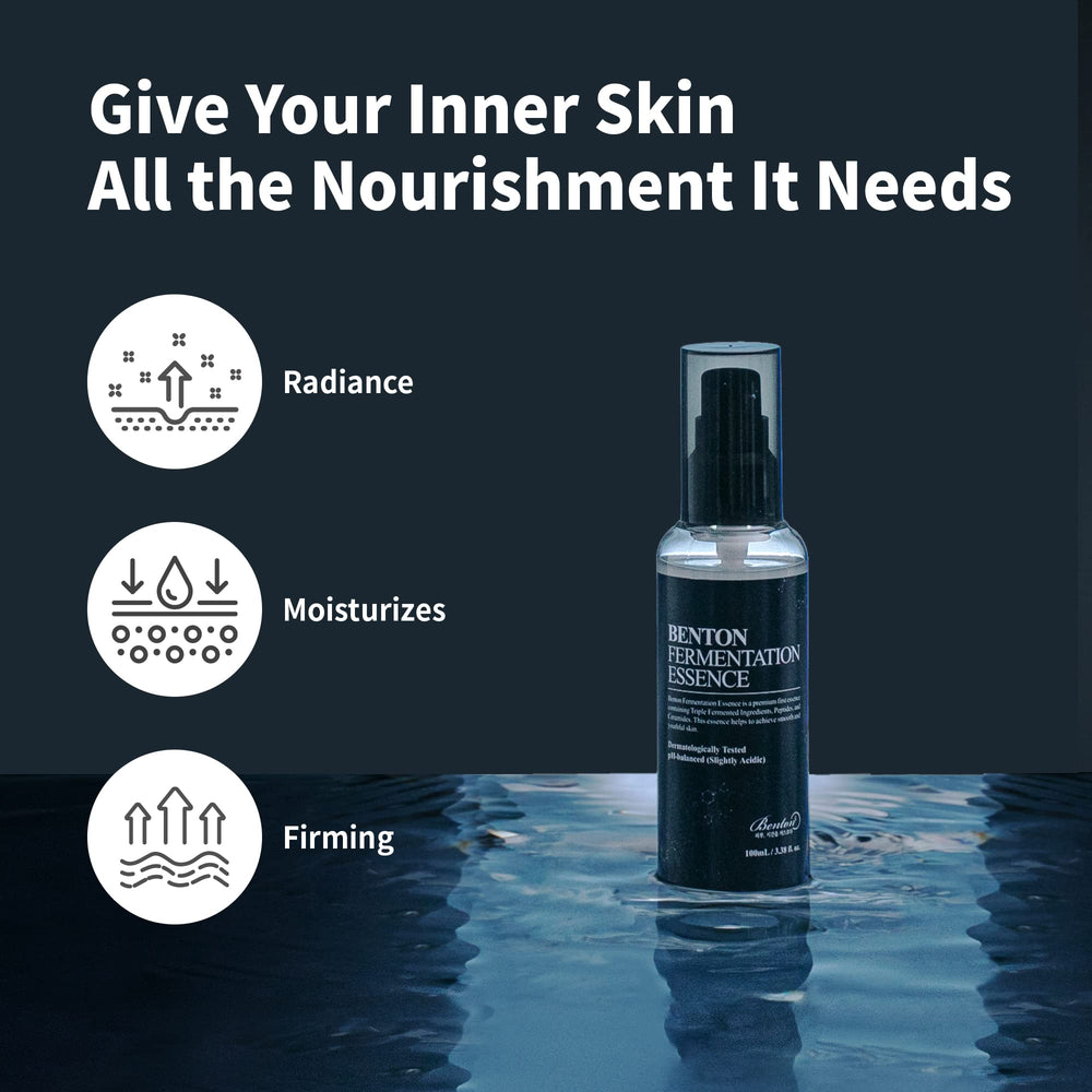 BENTON Fermentation Essence ingredients collage highlighting galactomyces, bifida, and lactobacillus for radiant skin.