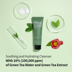 Green tea leaves and extracts highlight soothing hydration for the skin.