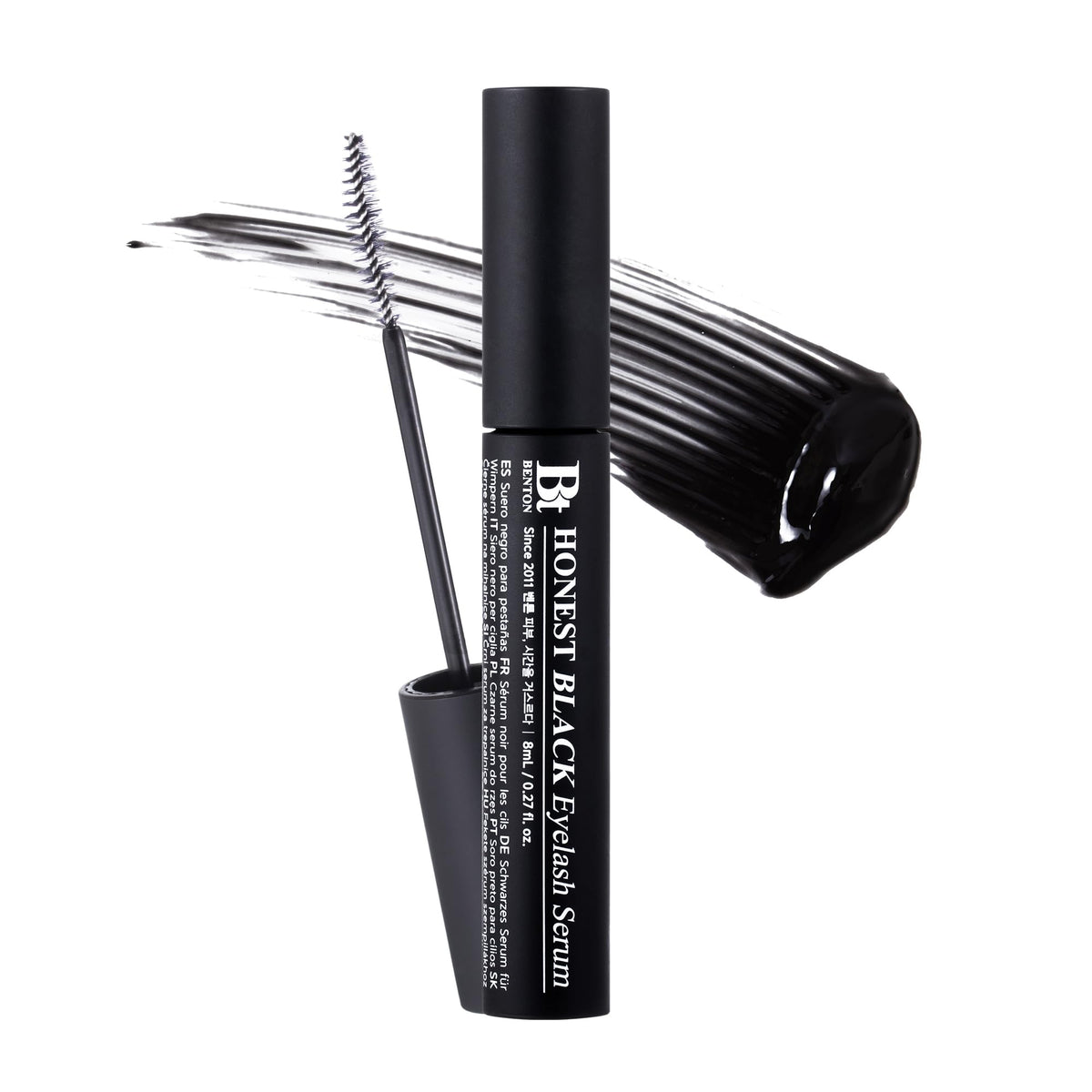 BENTON Honest Black Eyelash Serum bottle with tint for defined, enhanced lashes.