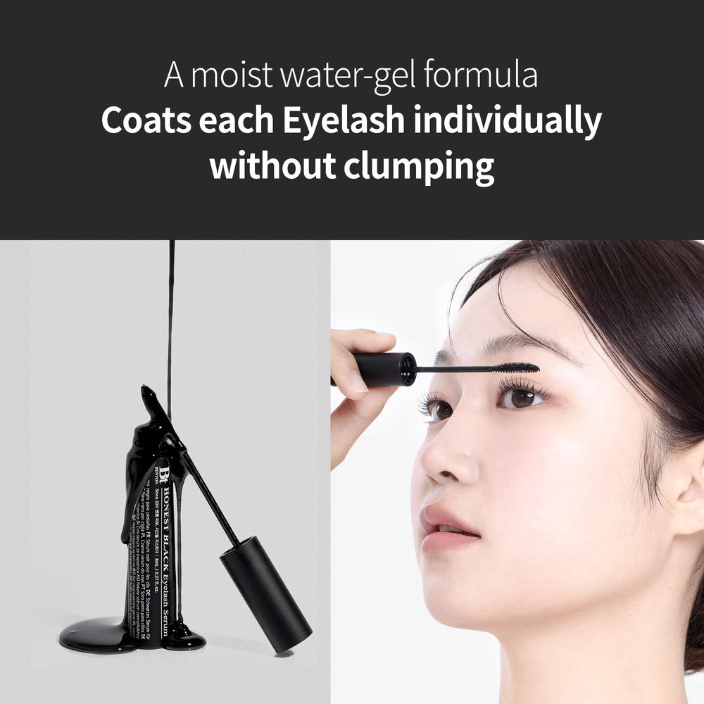 BENTON Honest Black Eyelash Serum packaging highlights dermatologist-tested, hypoallergenic formula.
