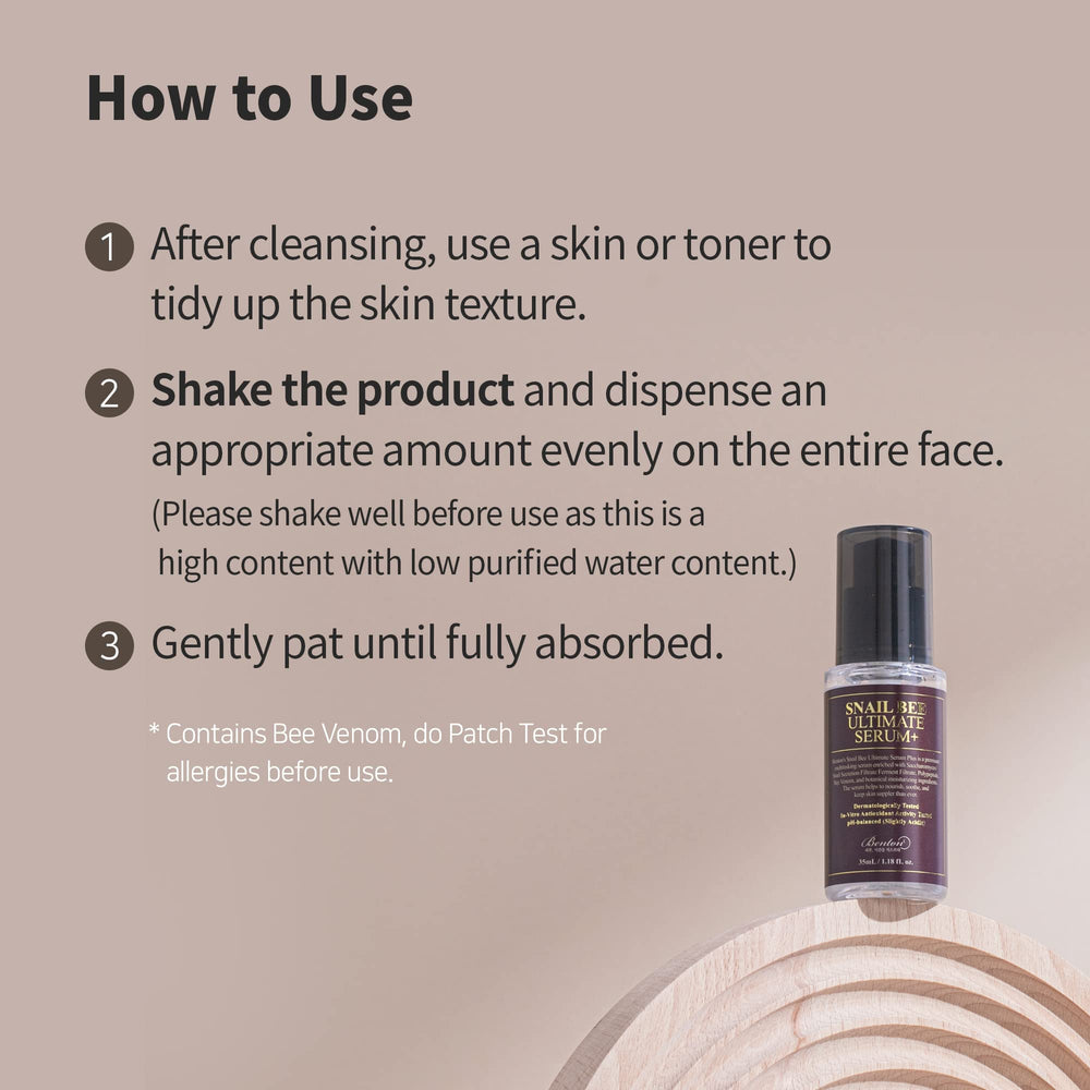 Benton Snail Bee Ultimate Serum Plus bathroom shelf in a skincare routine setup.