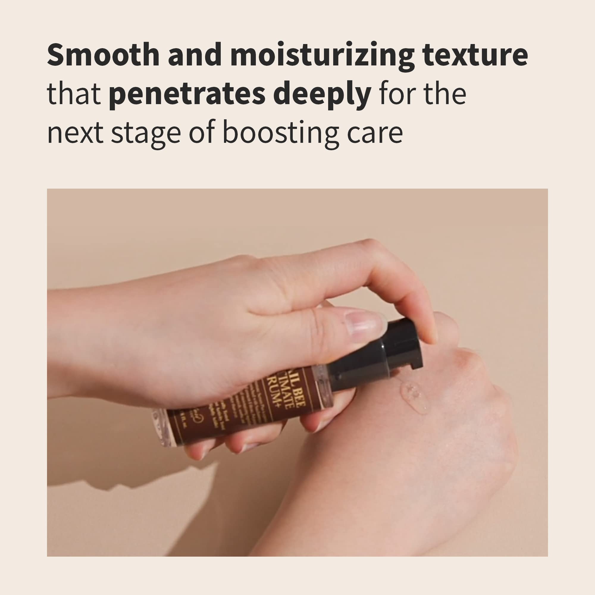 Benton Snail Bee Ultimate Serum Plus ingredient close-up featuring snail filtrate and bee venom.