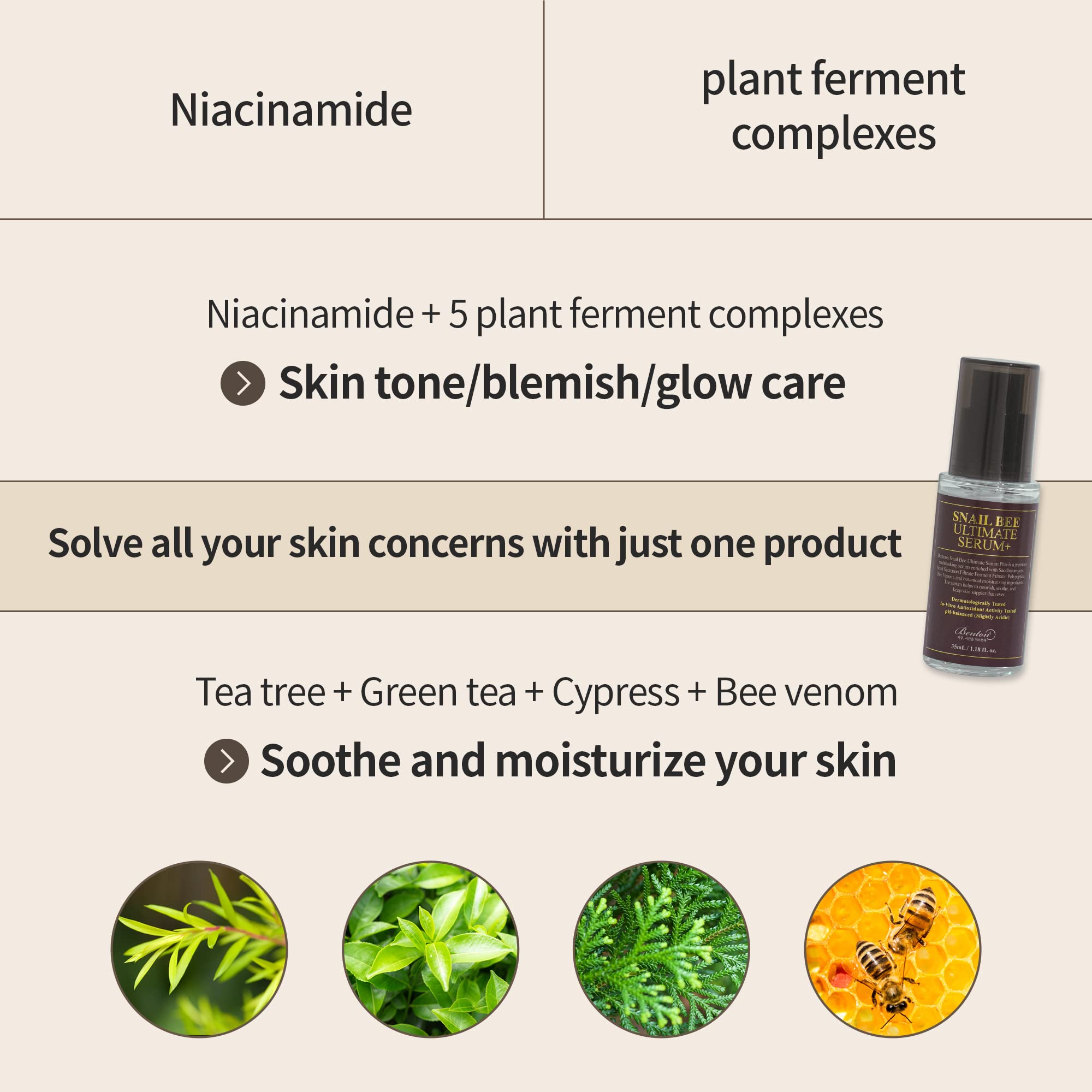 Benton Snail Bee Ultimate Serum Plus packaging emphasizing recyclable, clean beauty commitment.
