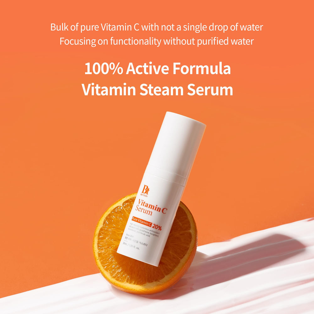 Benton Vitamin C Serum ingredients close-up featuring Adenosine and Glutathione for vitality