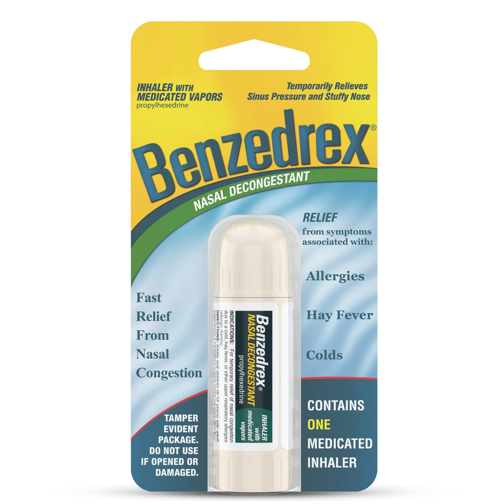 Benzedrex inhaler front-label provides quick-use design for easy recognition.