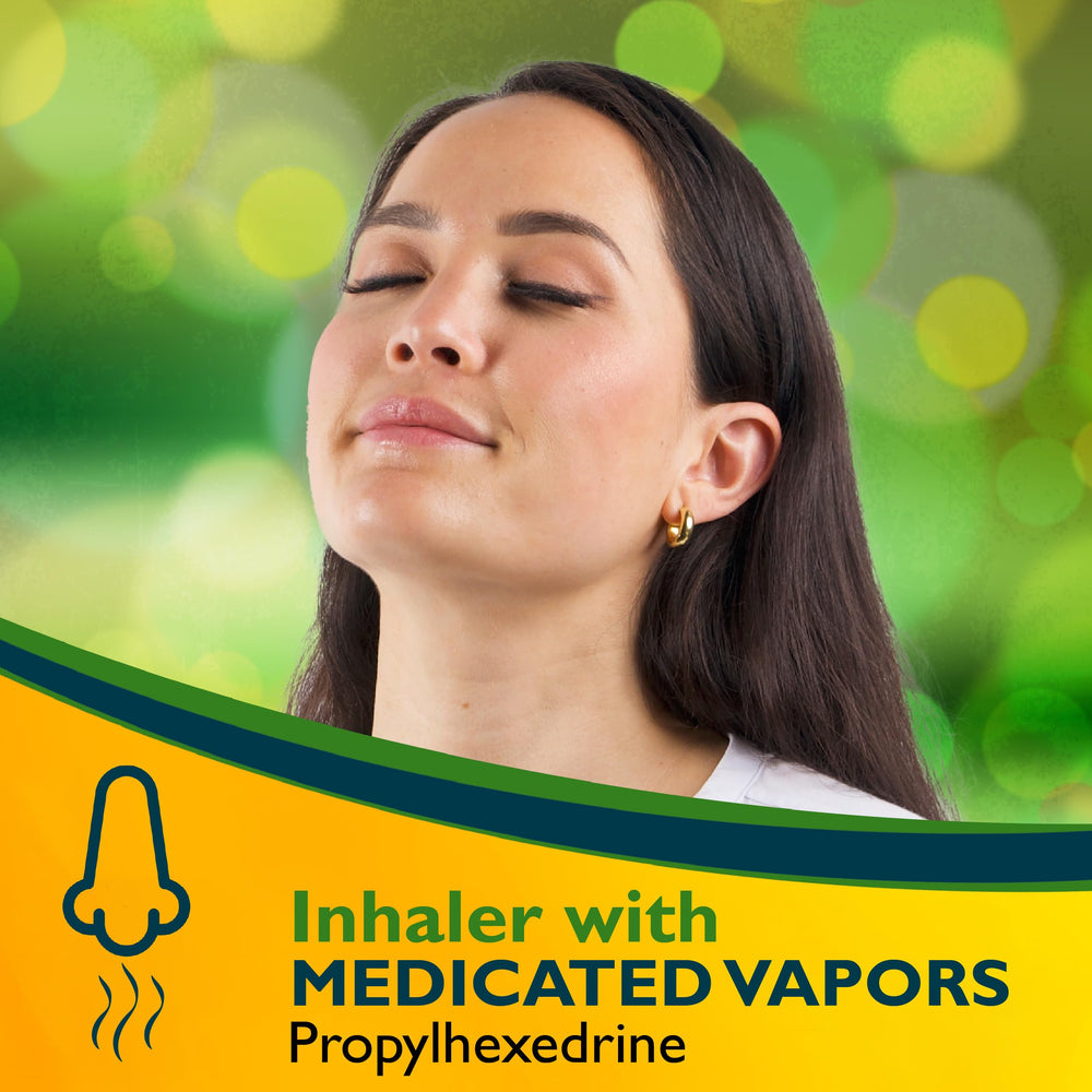 Benzedrex inhaler in hand suggests on-the-go nasal relief.