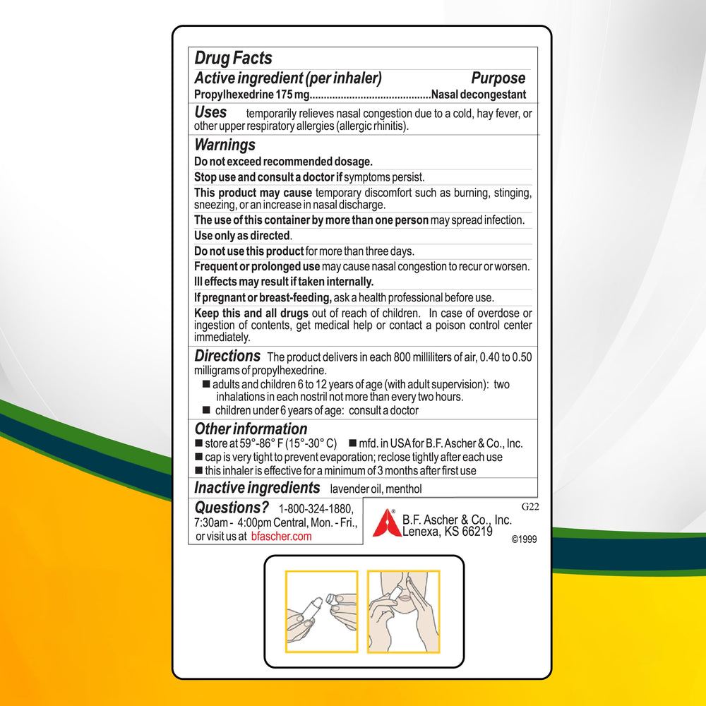 Benzedrex inhaler tube-and-application image emphasizes portable congestion relief.