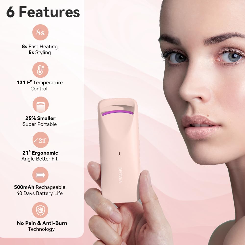 BEOVEA heated eyelash curler pad closeup highlights heat-sensitive silicone for gentle curling.
