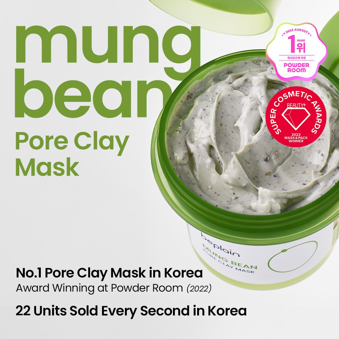 Beplain mung bean pore clay mask jar back detailing usage and cautions.