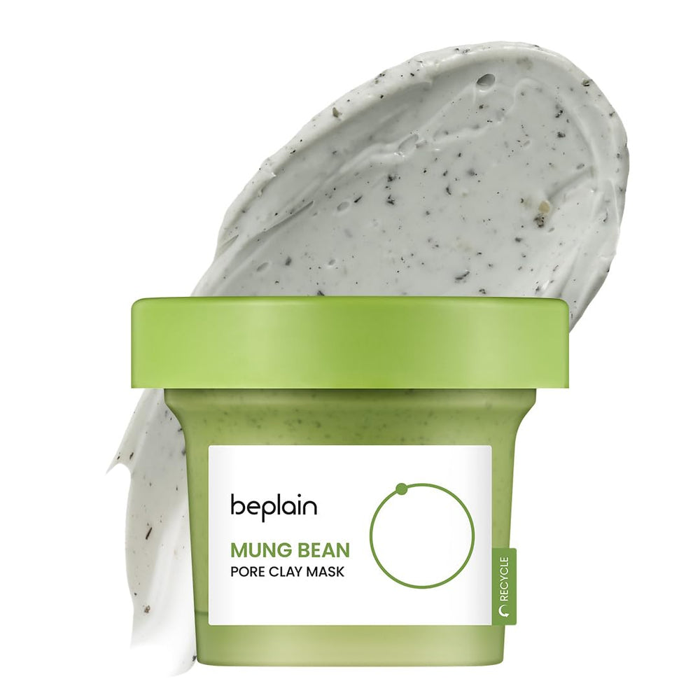 Beplain mung bean pore clay mask jar front, displaying fragrance-free formula for gentle pore care.