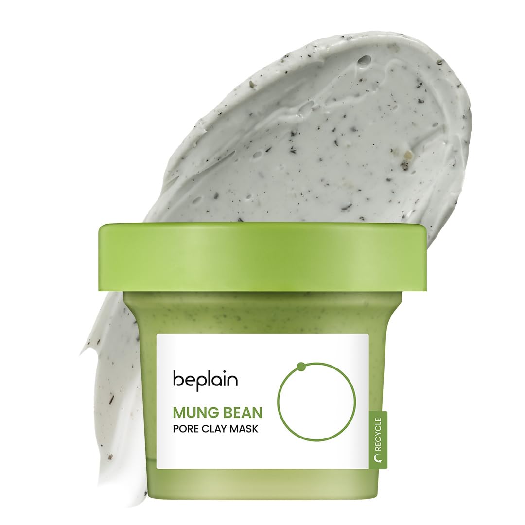 Beplain mung bean pore clay mask jar front, displaying fragrance-free formula for gentle pore care.