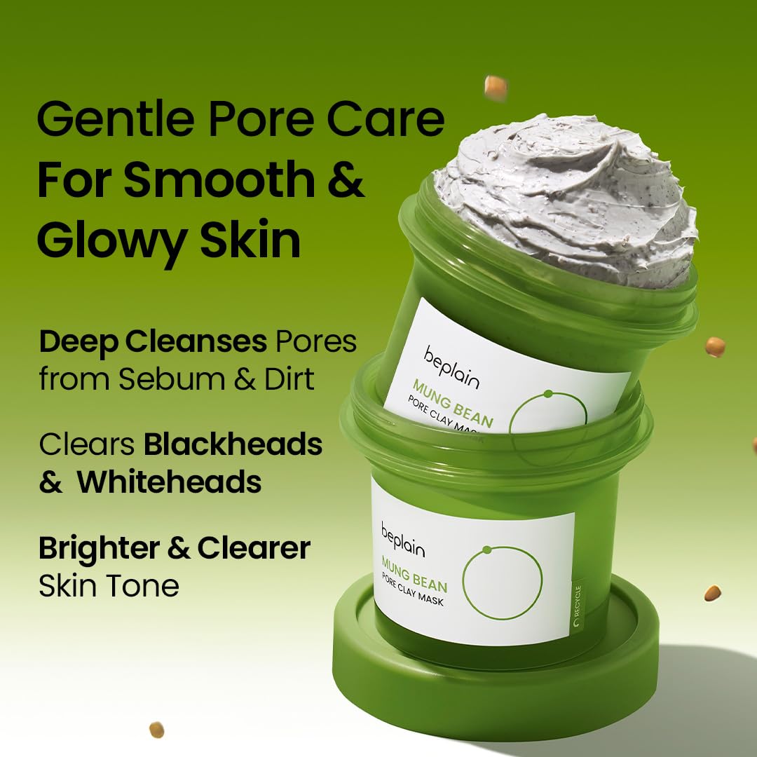 Spread-on-face image shows smooth application of mung bean clay mask.