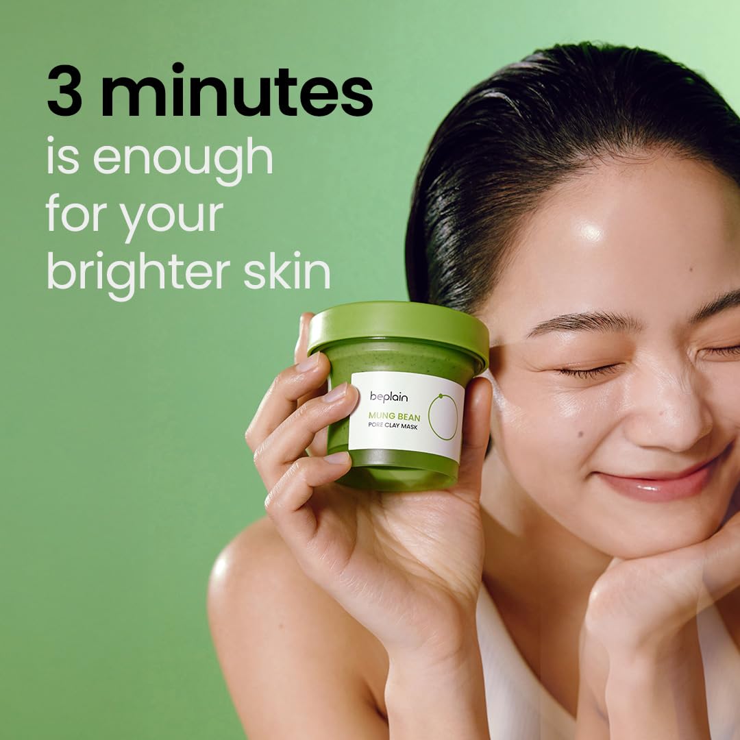 Beplain mung bean pore clay mask close-up texture, creamy exfoliating formula.