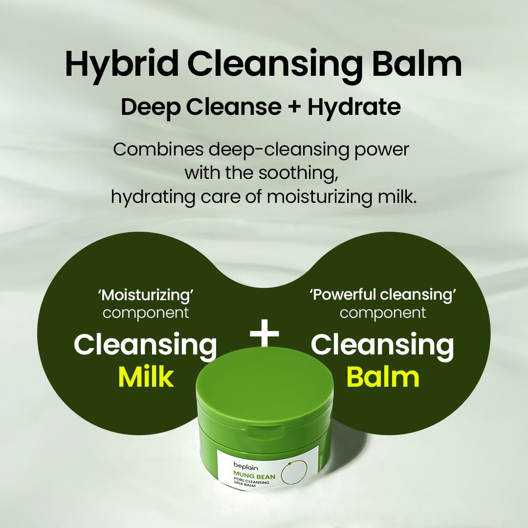 Beplain mung bean pore cleansing milk balm on face demonstrates balm-to-milk cleansing