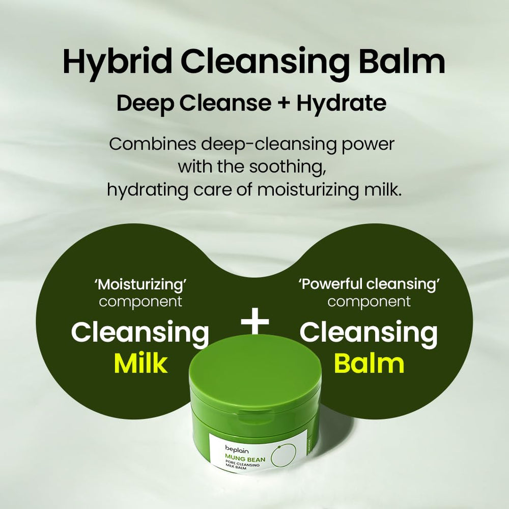 Beplain mung bean pore cleansing milk balm on face demonstrates balm-to-milk cleansing