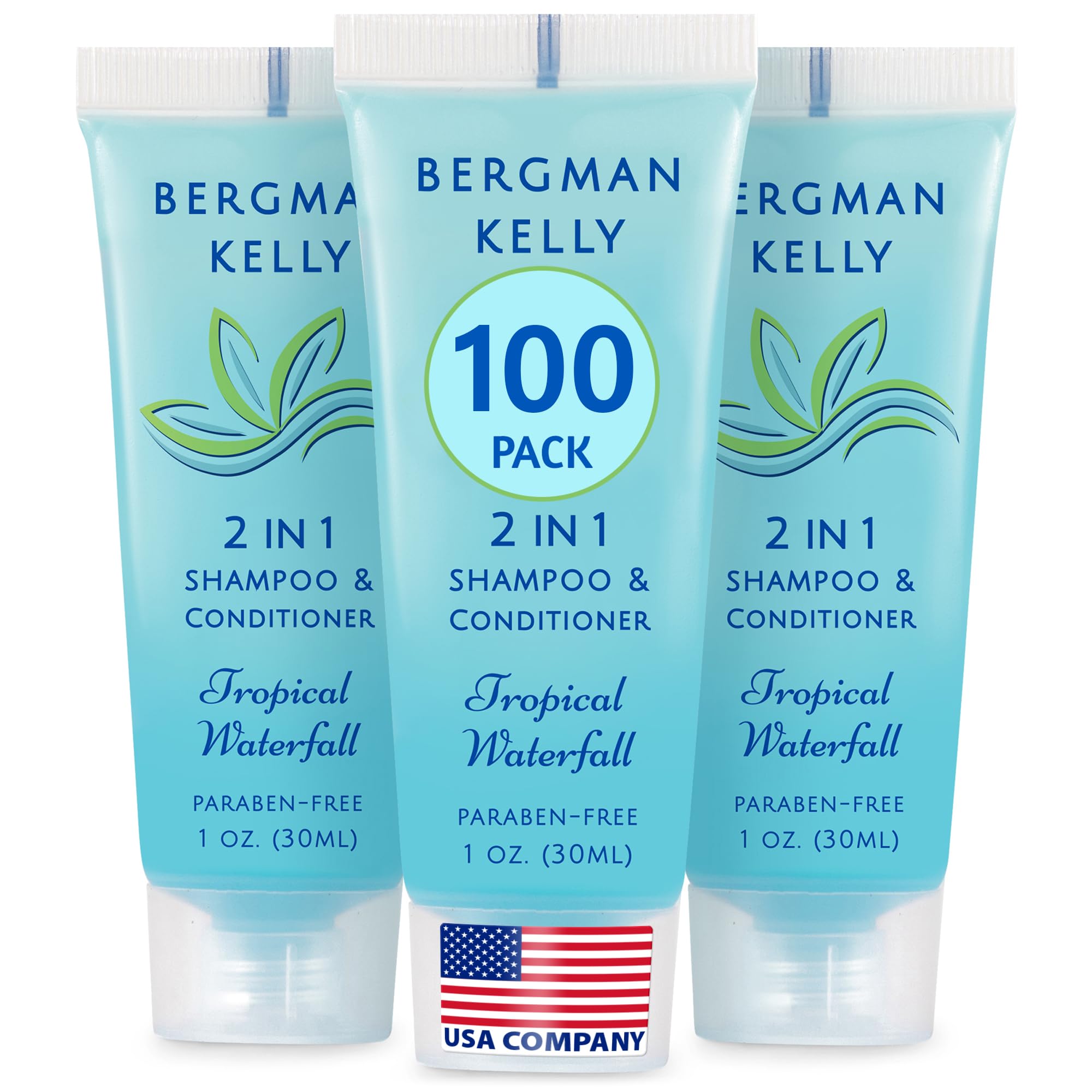 BERGMAN KELLY 2in1 travel-size bottle with tropical waterfall scent, foil-sealed for mess-free hotel use.