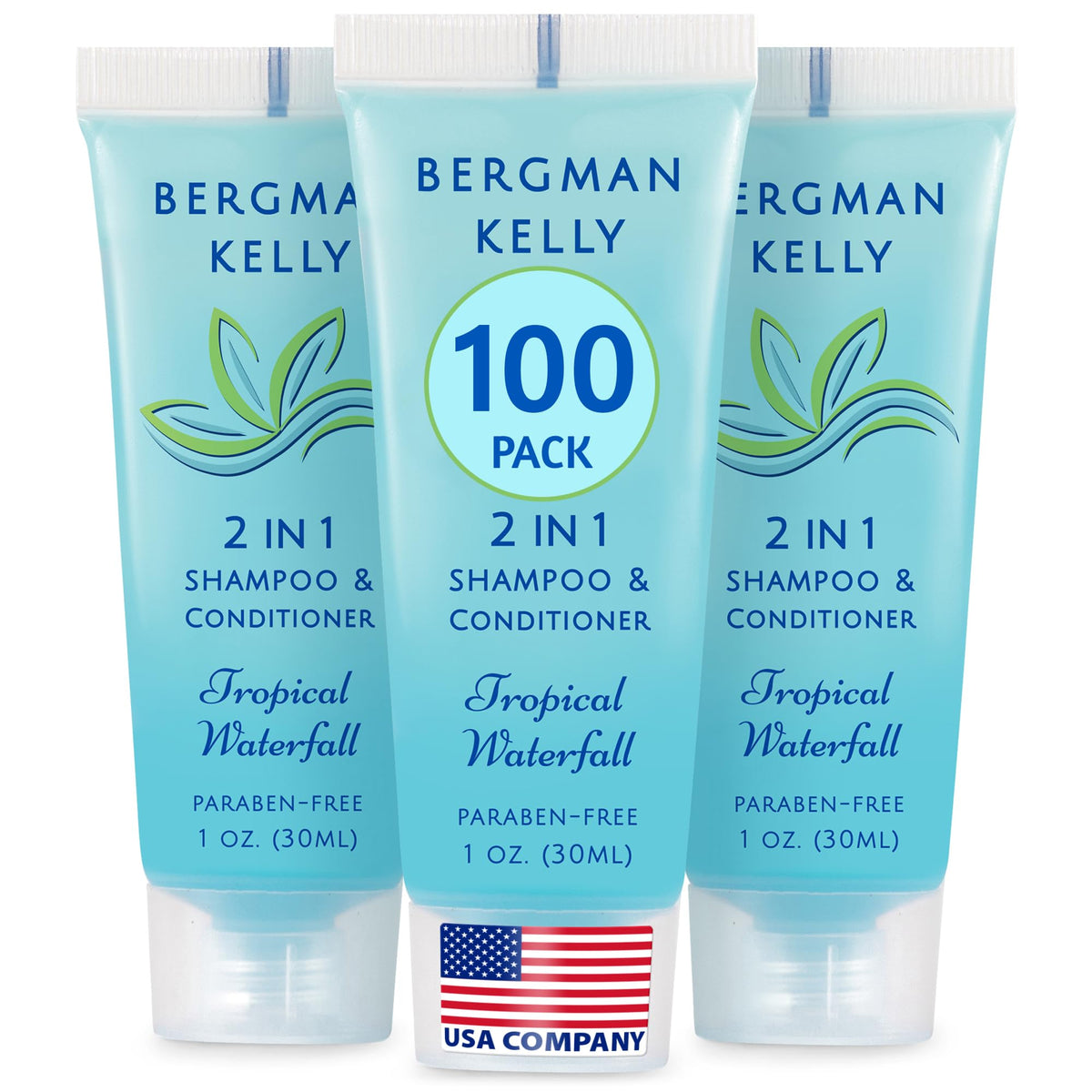 BERGMAN KELLY 2in1 travel-size bottle with tropical waterfall scent, foil-sealed for mess-free hotel use.