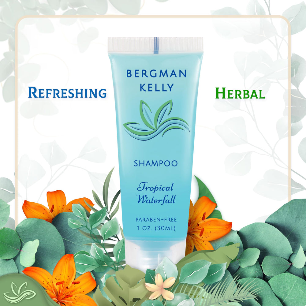 BERGMAN KELLY bulk 100-pack hotel shampoo bottles for tidy guest rooms.