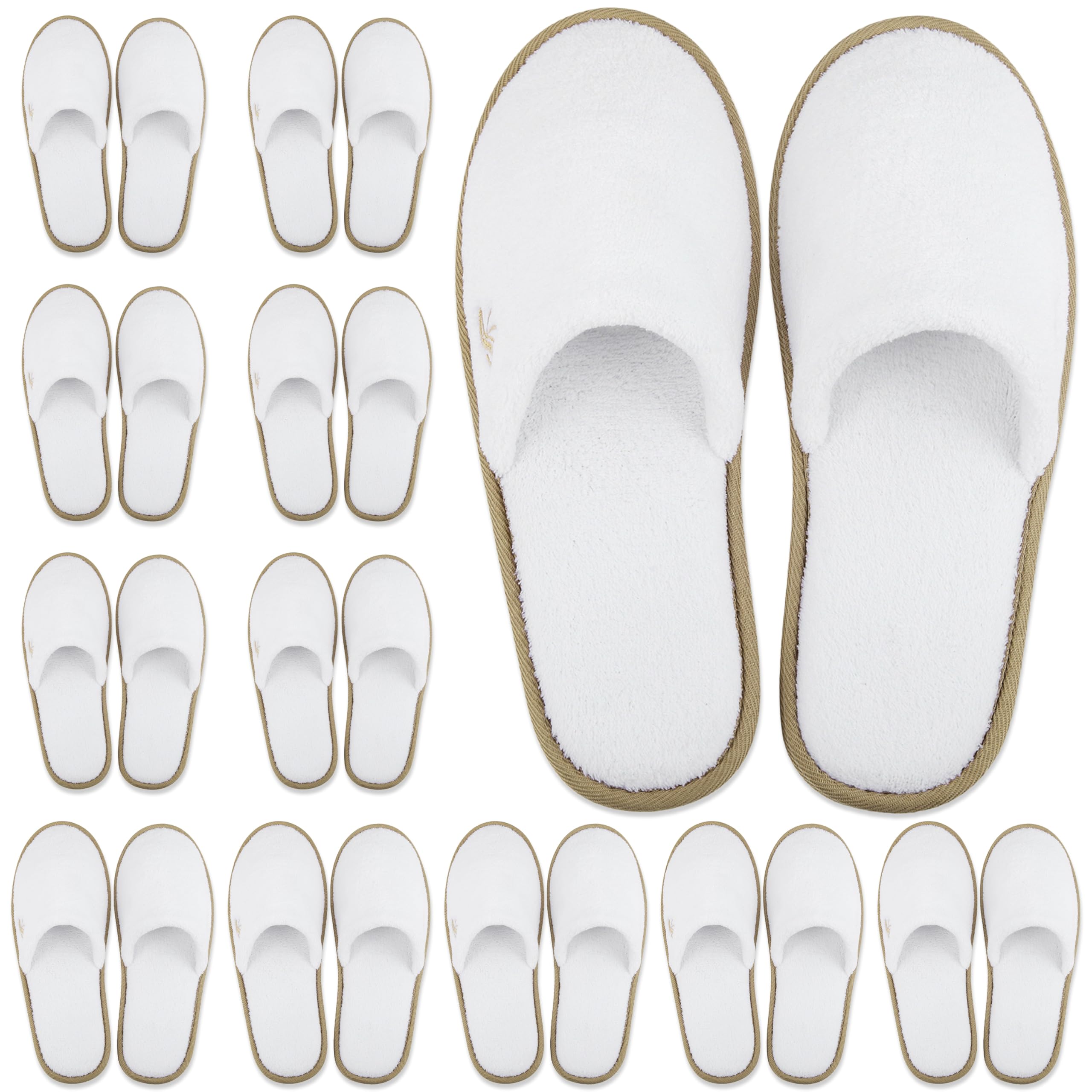 BERGMAN KELLY spa slippers closed-toe white with cocoa trim for guest comfort.