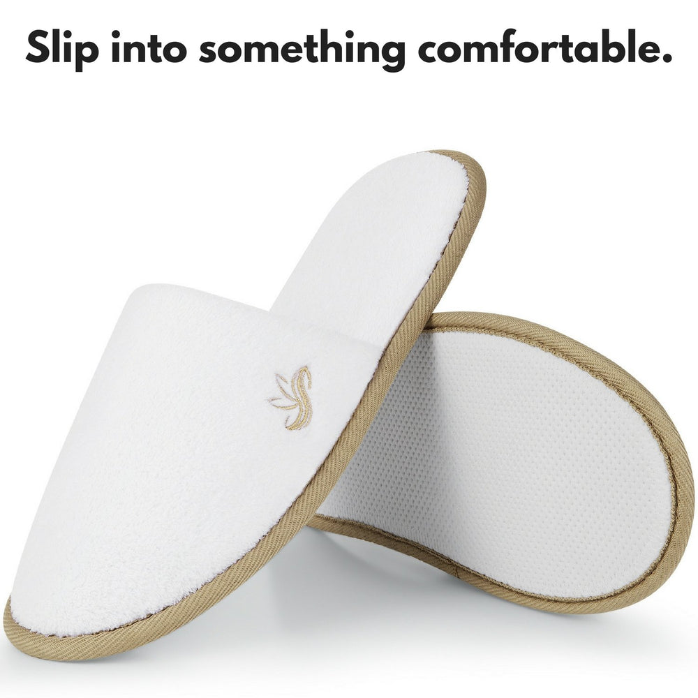 BERGMAN KELLY spa slippers quilted white soft finish, cozy home or spa experience.