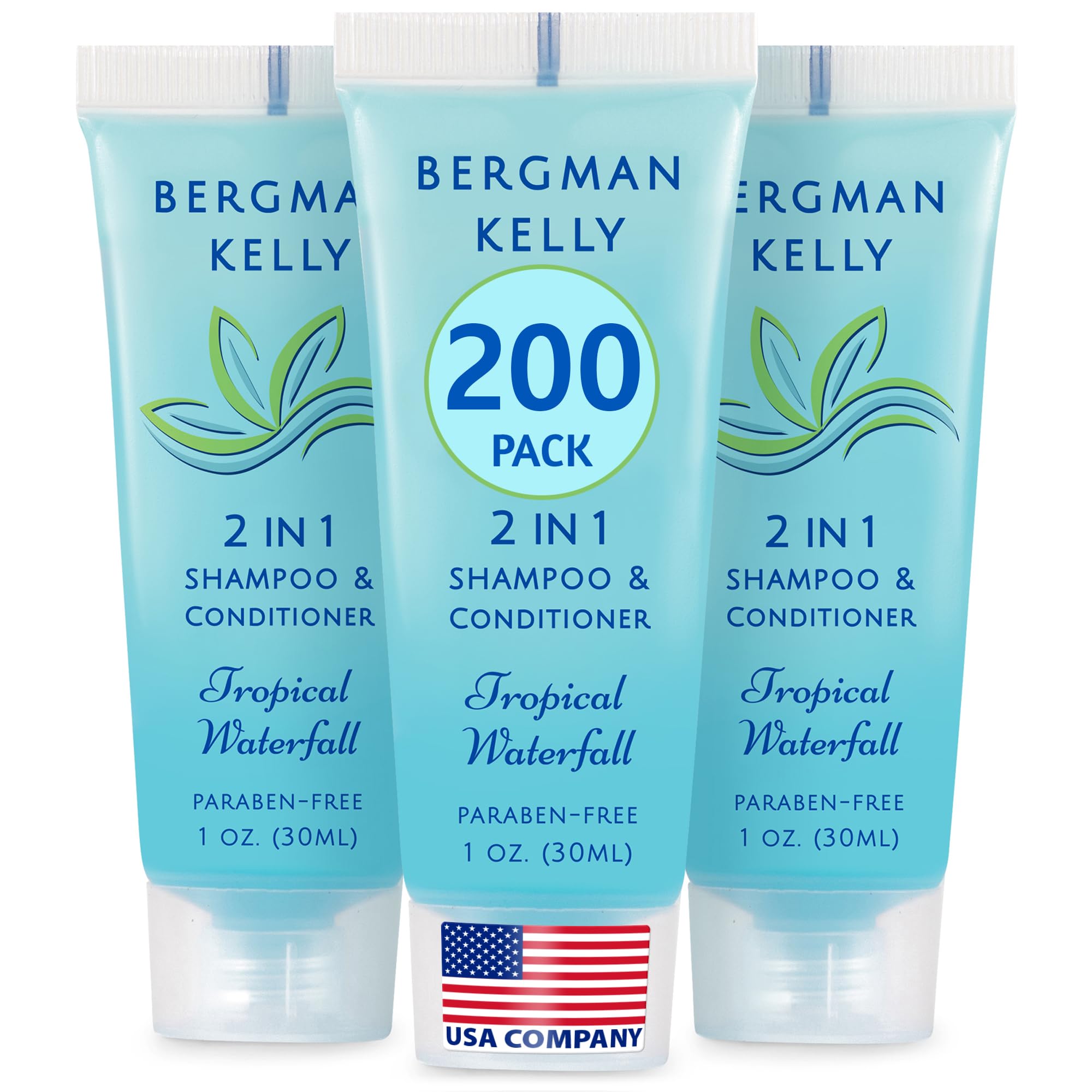 Bergman Kelly travel-size 2-in-1 shampoo and conditioner in tropical waterfall bottle for guest stays.
