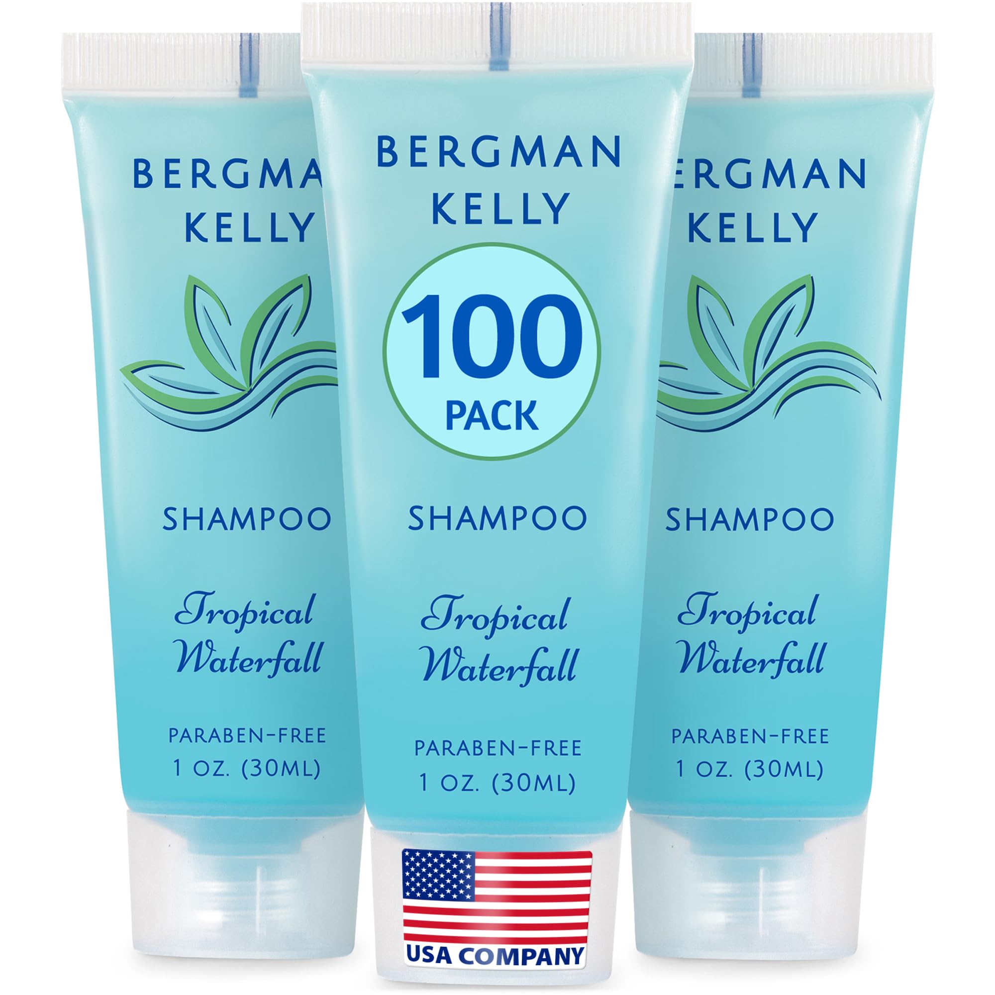 BERGMAN KELLY travel-size shampoo bottle with tropical waterfall scent for guest rooms.