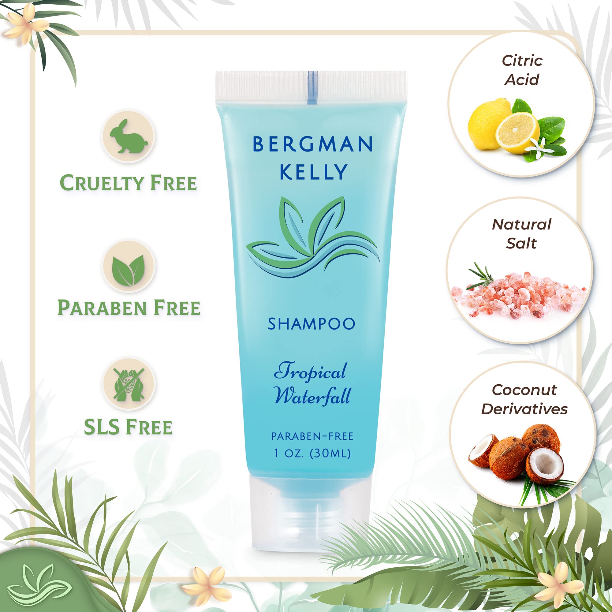 BERGMAN KELLY travel-size shampoo bottle close-up, compact 1 oz for carry-on use.